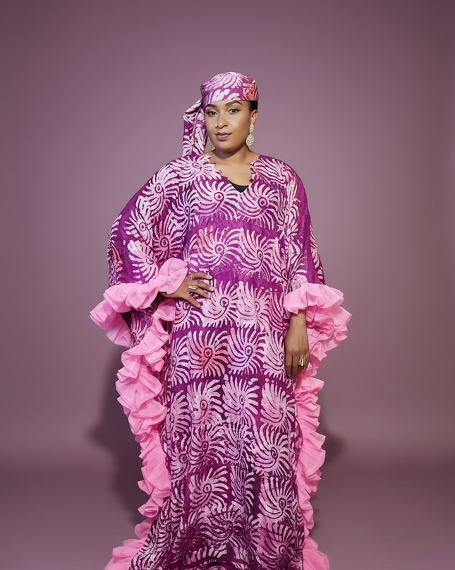 Boubou crepe adire à froufrou - Rose fuchsia