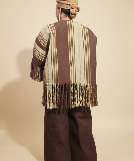 Ensemble pantalon aso oke à fringe - Marron
