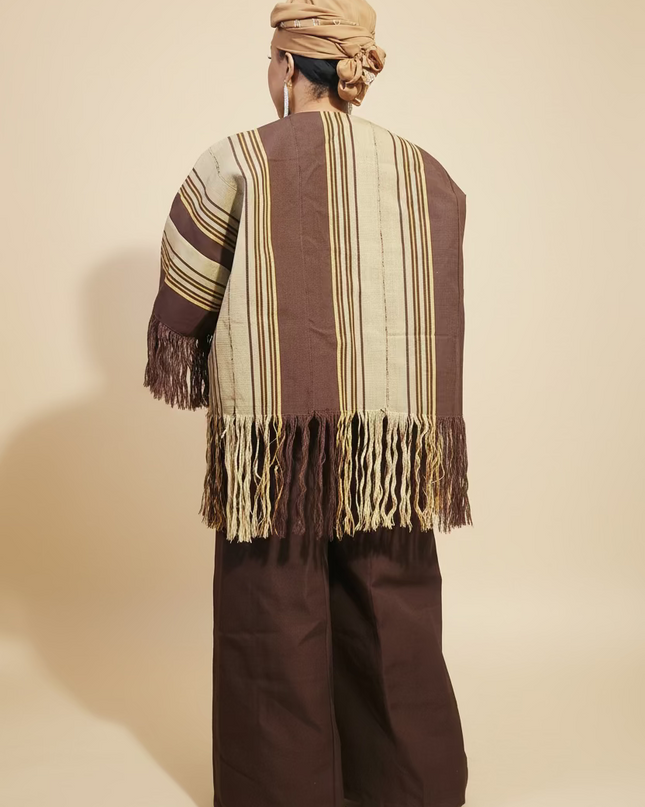 Ensemble pantalon aso oke à fringe - Marron