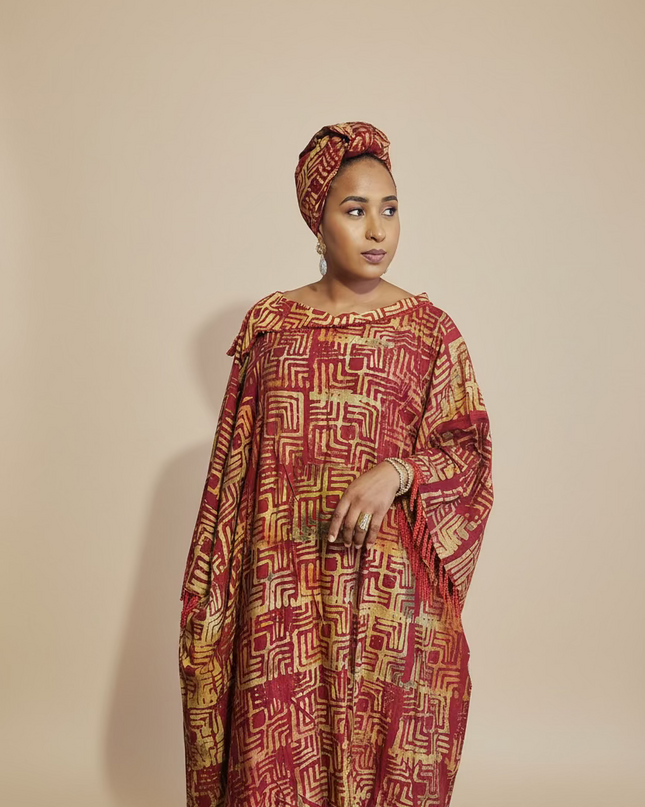 Boubou adire dempé perlé ileri - Rouge