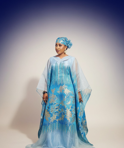 Ensemble amma brocart organza - Bleu