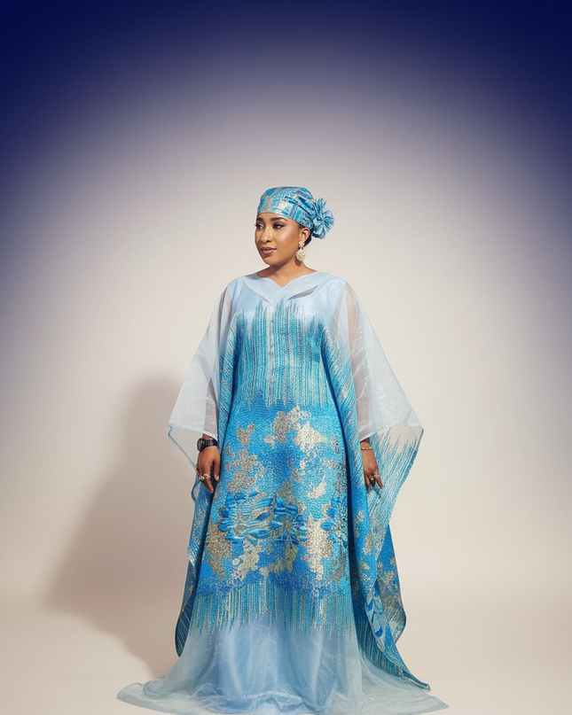 Ensemble amma brocart organza - Bleu