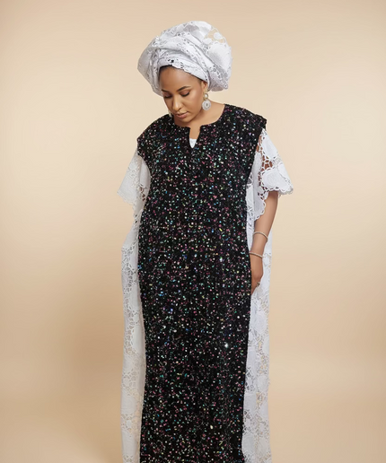 Robe africaine dentelle velours pailleté  - Blanc