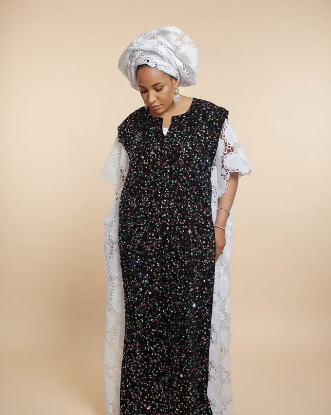 Robe africaine dentelle velours pailleté  - Blanc