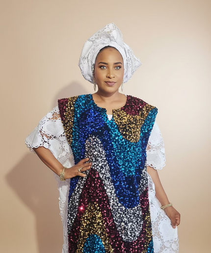 Robe africaine dentelle velours pailleté  - Blanc II