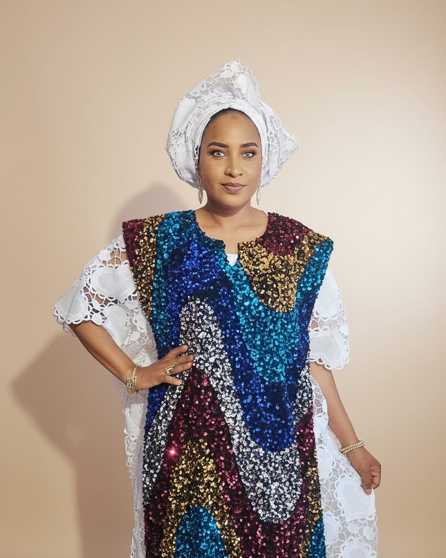 Robe africaine dentelle velours pailleté  - Blanc II
