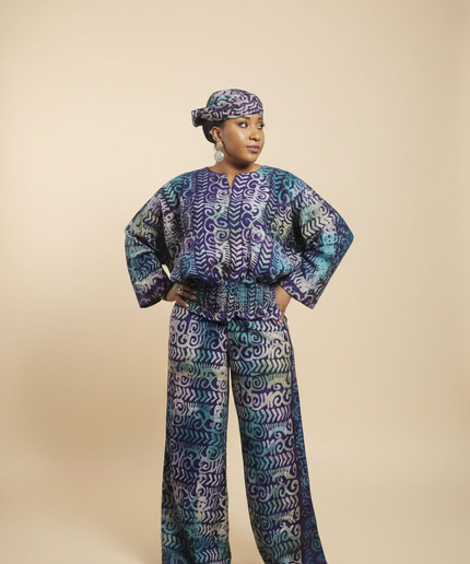 Ensemble pantalon adire bewaji - bleu violet