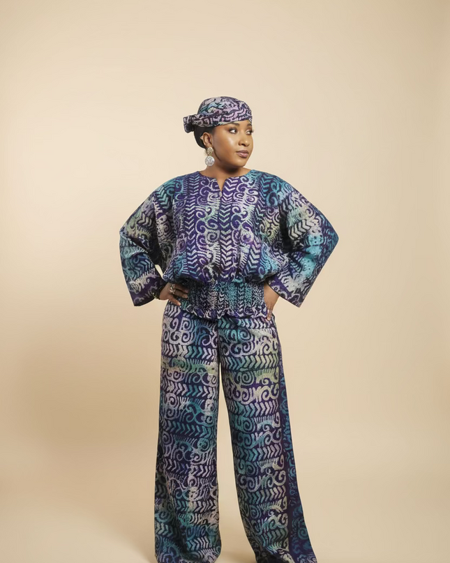 Ensemble pantalon adire bewaji - bleu violet