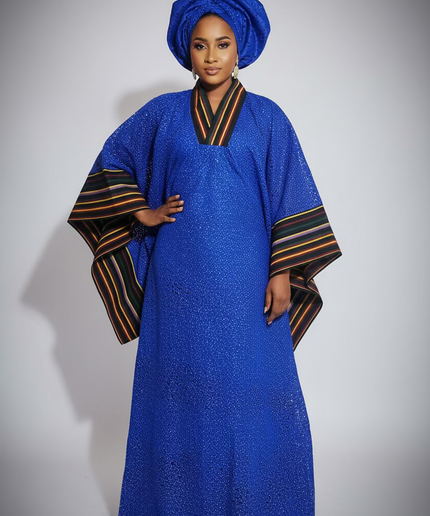 Robe morenike dentelle aso oke - Bleu roi