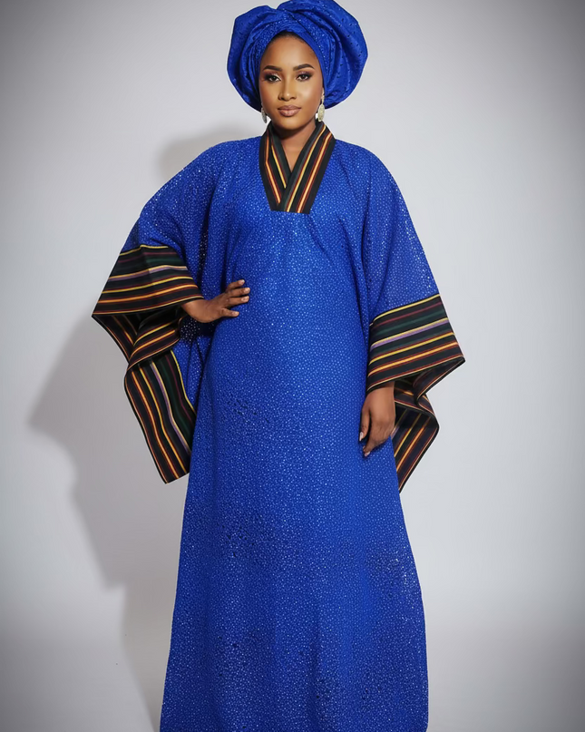 Robe morenike dentelle aso oke - Bleu roi