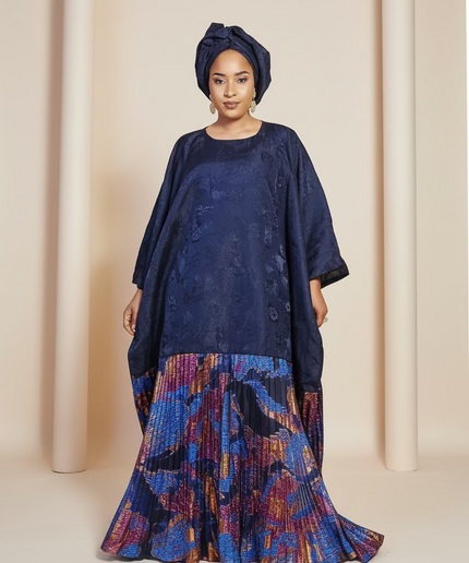 Boubou brocart plissé damask - Bleu nuit