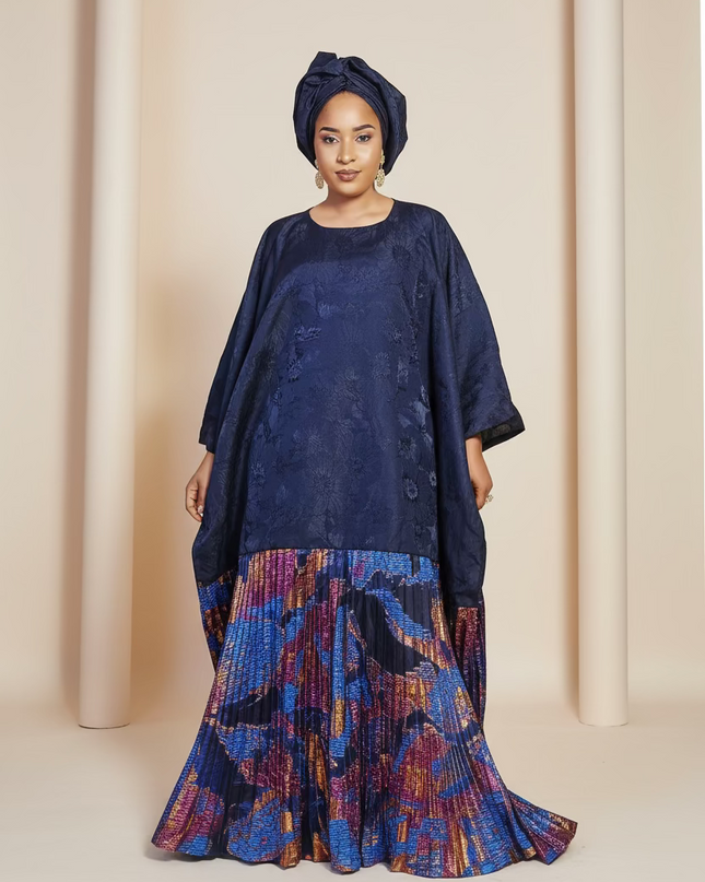 Boubou brocart plissé damask - Bleu nuit
