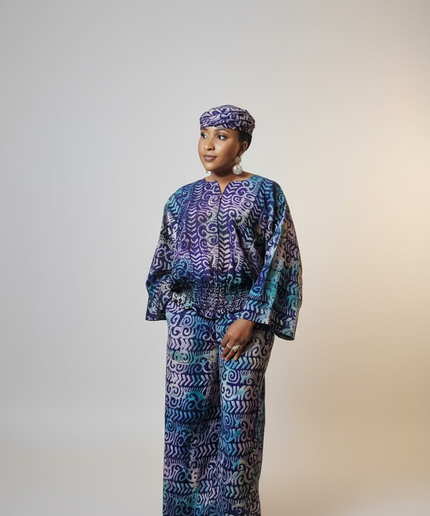 Ensemble pantalon adire bewaji - bleu violet