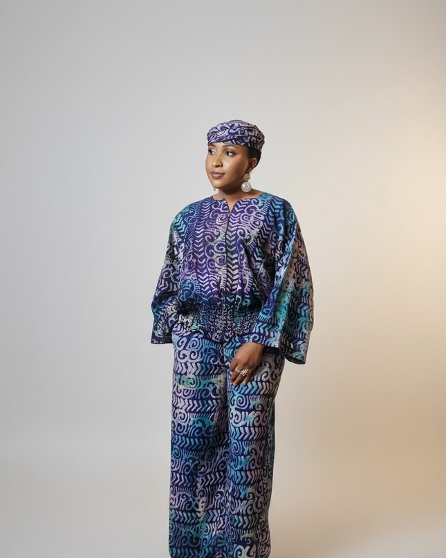 Ensemble pantalon adire bewaji - bleu violet