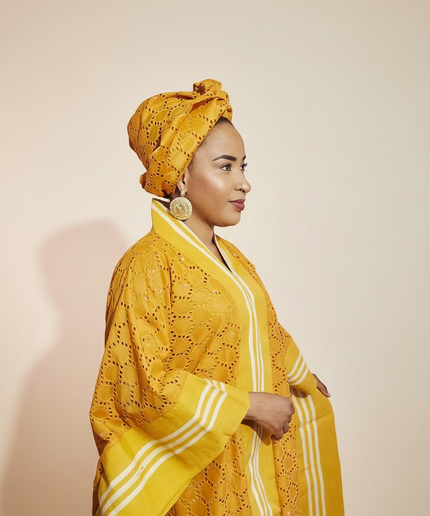 Robe morenike dentelle aso oke - Jaune moutarde