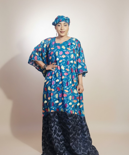 Caftan dentelle indienne - organza - Bleu black