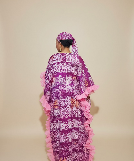 Boubou crepe adire à froufrou - Rose fuchsia