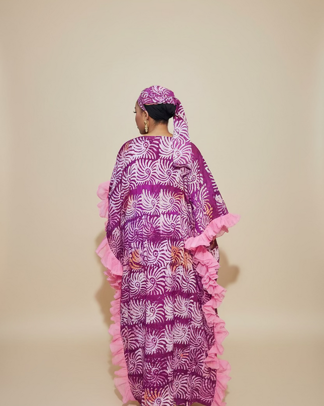 Boubou crepe adire à froufrou - Rose fuchsia
