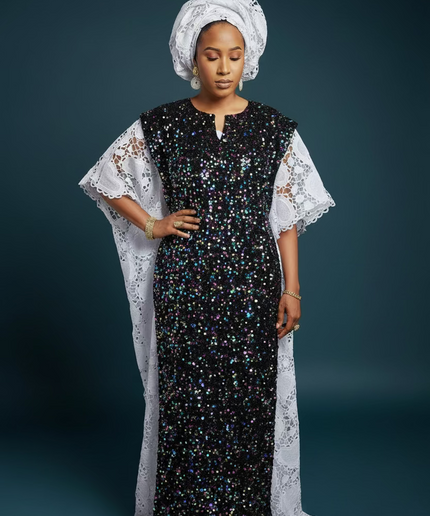 Robe africaine dentelle velours pailleté  - Blanc