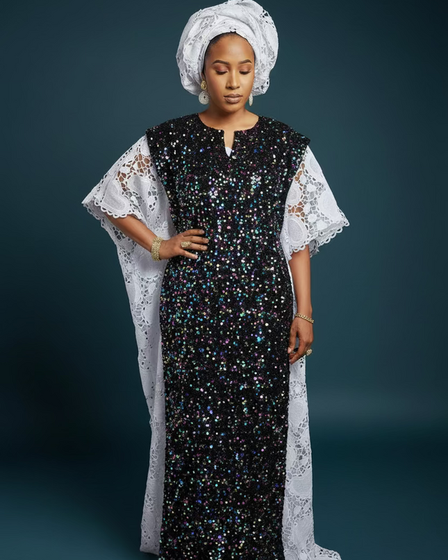 Robe africaine dentelle velours pailleté  - Blanc