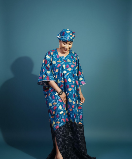 Caftan dentelle indienne - organza - Bleu black