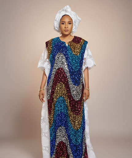 Robe africaine dentelle velours pailleté  - Blanc II