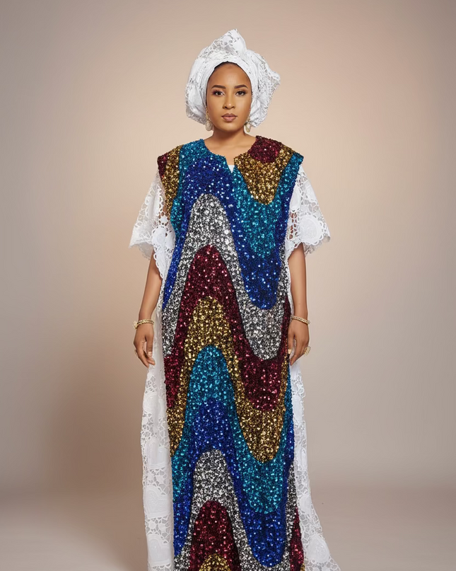 Robe africaine dentelle velours pailleté  - Blanc II