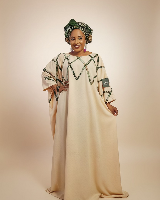 Boubou salima aux motifs adire - Beige