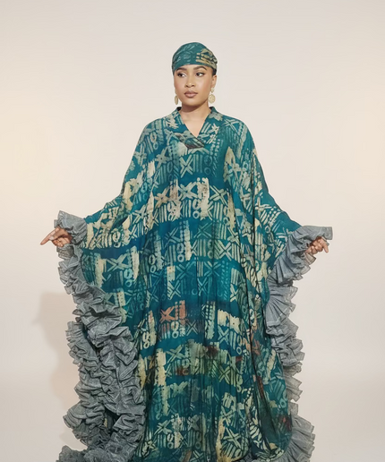 Boubou crepe adire à froufrou - Vert