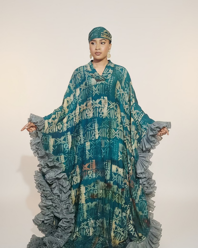 Boubou crepe adire à froufrou - Vert