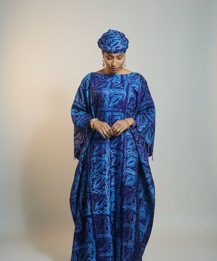 Boubou adire dempé perlé motunrayo - Bleu nuit