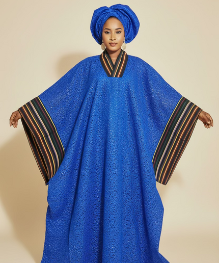 Robe morenike dentelle aso oke - Bleu roi