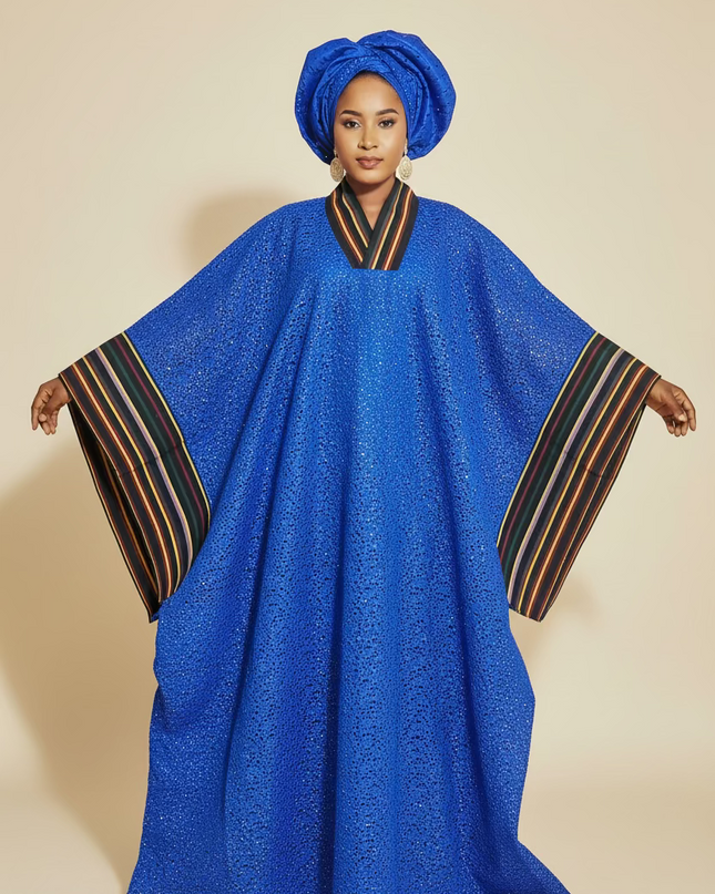 Robe morenike dentelle aso oke - Bleu roi