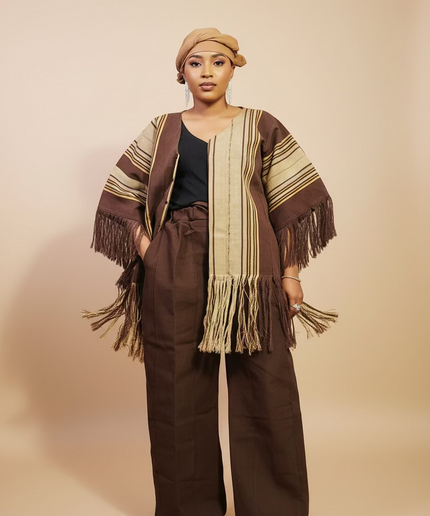 Ensemble pantalon aso oke à fringe - Marron