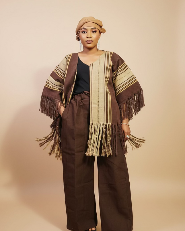 Ensemble pantalon aso oke à fringe - Marron