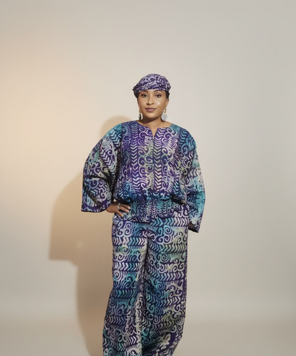 Ensemble pantalon adire bewaji - bleu violet
