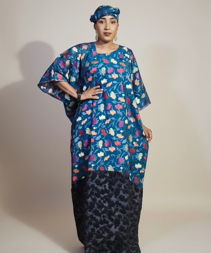 Caftan dentelle indienne - organza - Bleu black