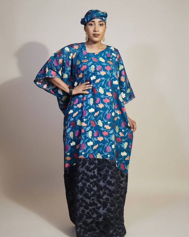 Caftan dentelle indienne - organza - Bleu black