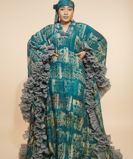 Boubou crepe adire à froufrou - Vert