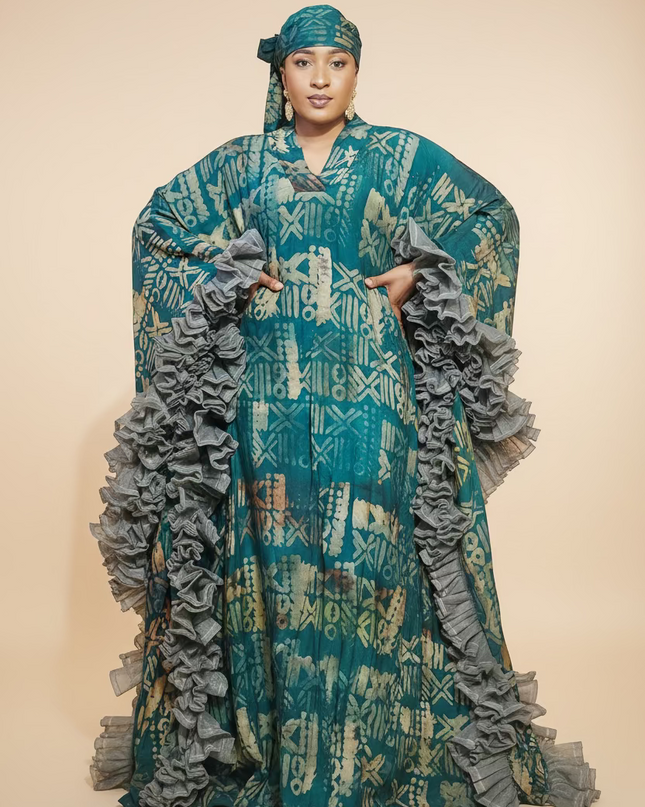 Boubou crepe adire à froufrou - Vert