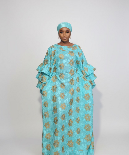 Robe dentelle en manches flûte - Turquoise