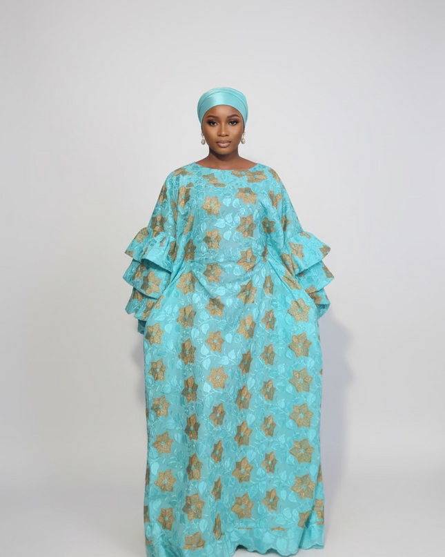 Robe dentelle en manches flûte - Turquoise