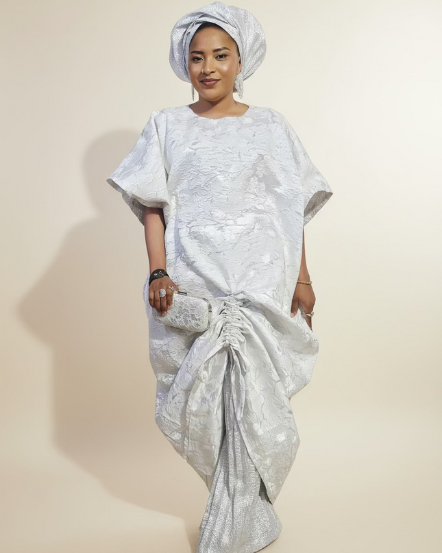 Ensemble brocart rétractable avec sous robe plissé - Blanc