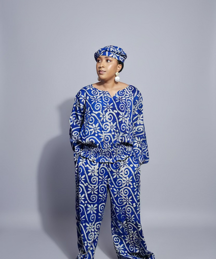 Ensemble pantalon adire folakemi - Bleu blanc