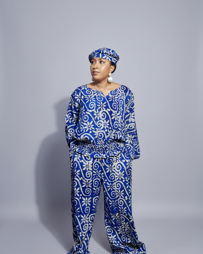 Ensemble pantalon adire folakemi - Bleu blanc