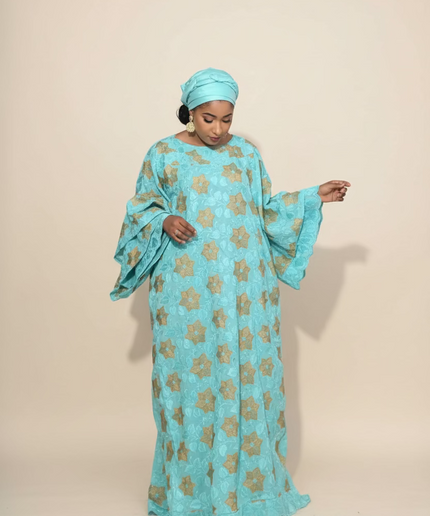 Robe dentelle en manches flûte - Turquoise