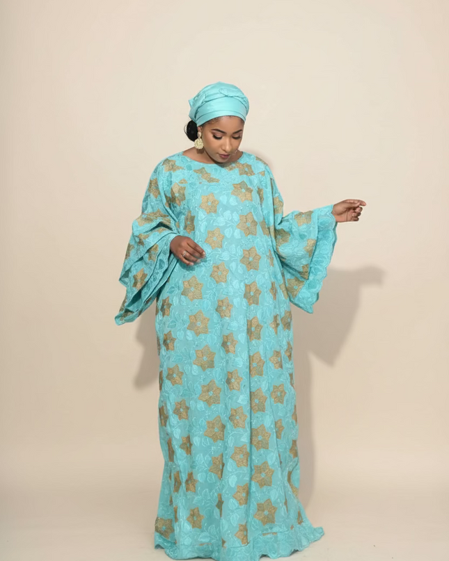 Robe dentelle en manches flûte - Turquoise
