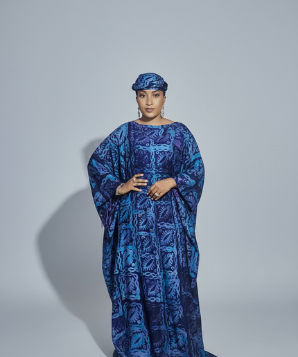 Boubou adire dempé perlé motunrayo - Bleu nuit