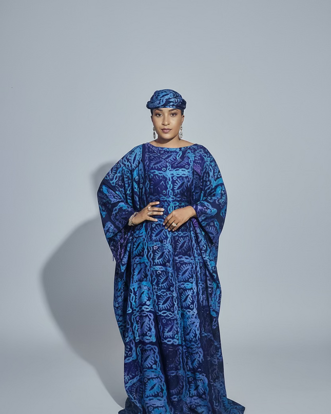 Boubou adire dempé perlé motunrayo - Bleu nuit