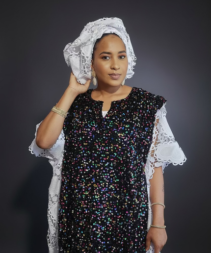 Robe africaine dentelle velours pailleté  - Blanc